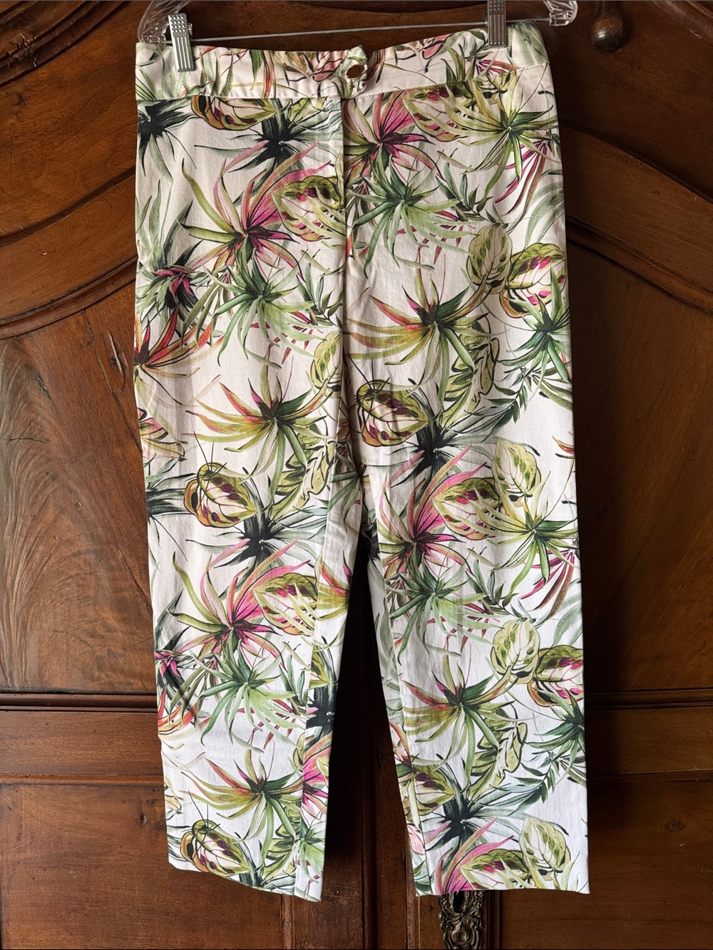 Capri Pants with Green and Pink Tropical Leaf Print